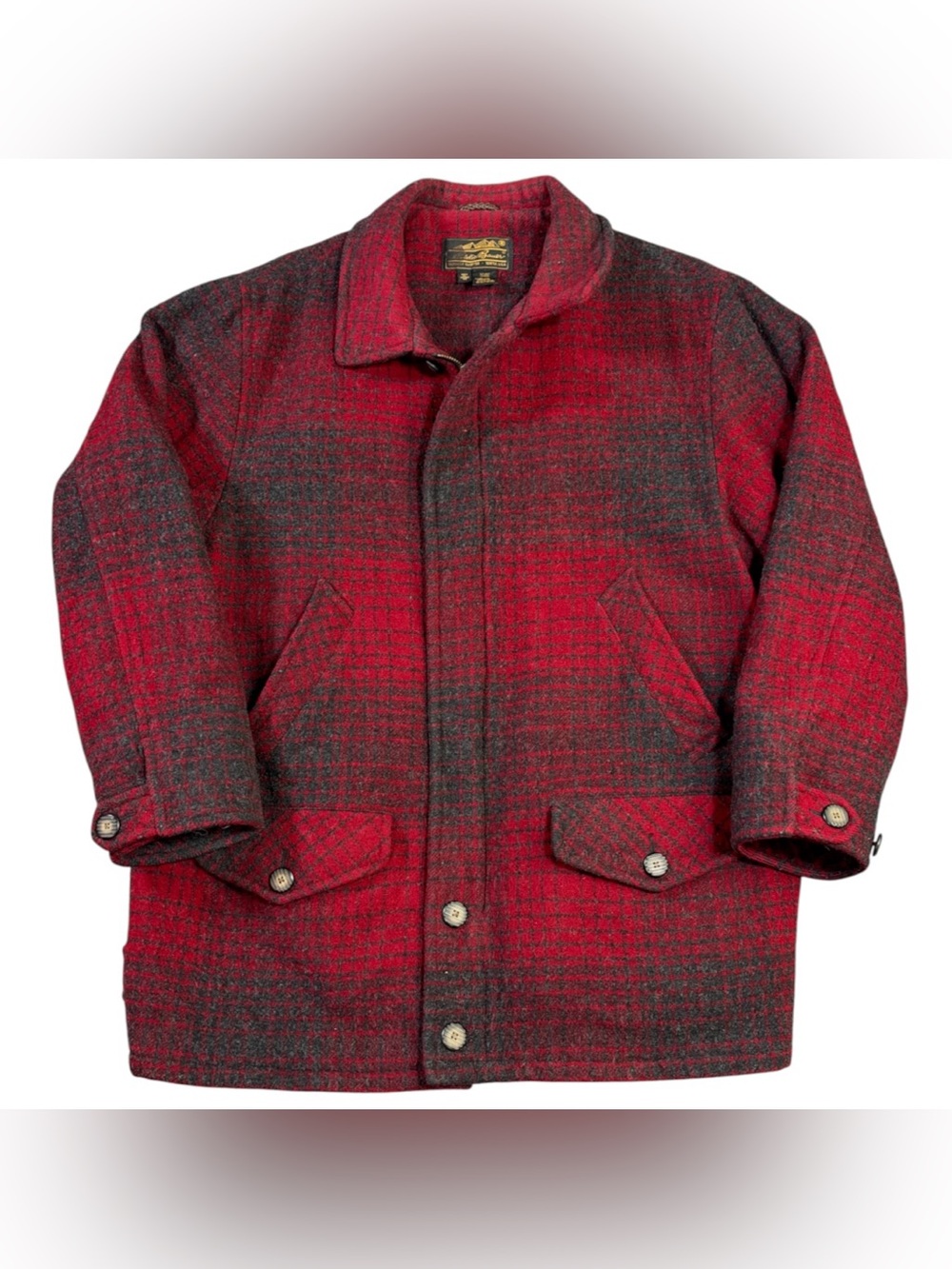 Vintage 80s Eddie Bauer Mackinaw Jacket Mens XL Wool USA Red Black Plaid Hunting